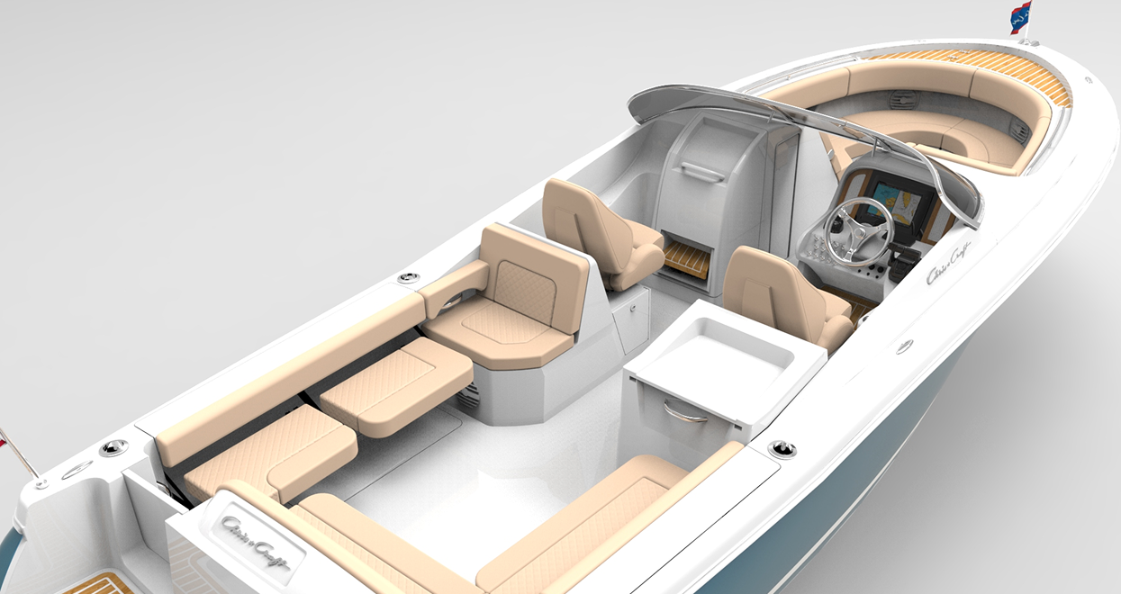 Overhead view of a white boat interior with tan seating, dashboard, and circular bow seating.
