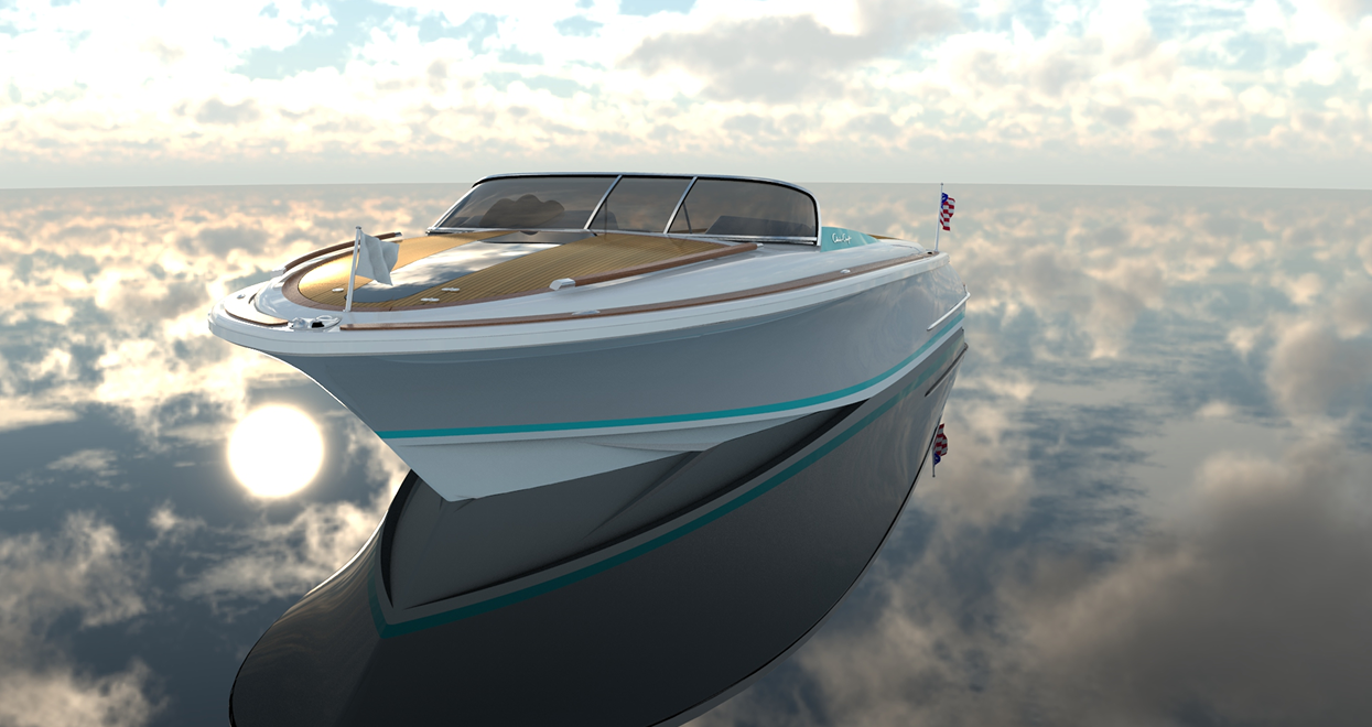 A light blue and wood speedboat on water, reflecting the sky with clouds and the sun.