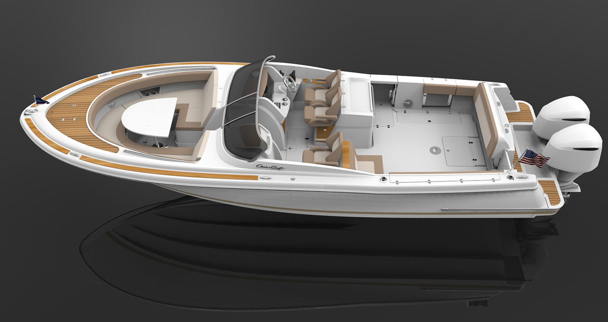 White motorboat with tan trim, equipped with dual engines and seating for passengers.