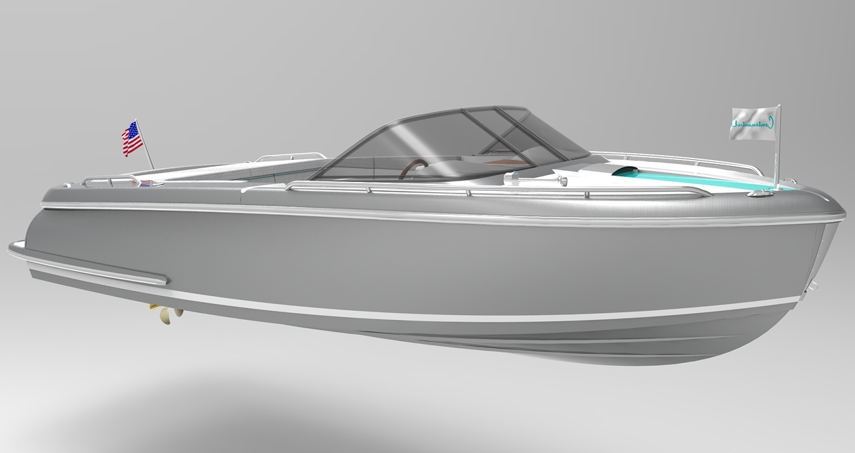 Gray and silver speedboat with windshield, flags, and turquoise stripe.