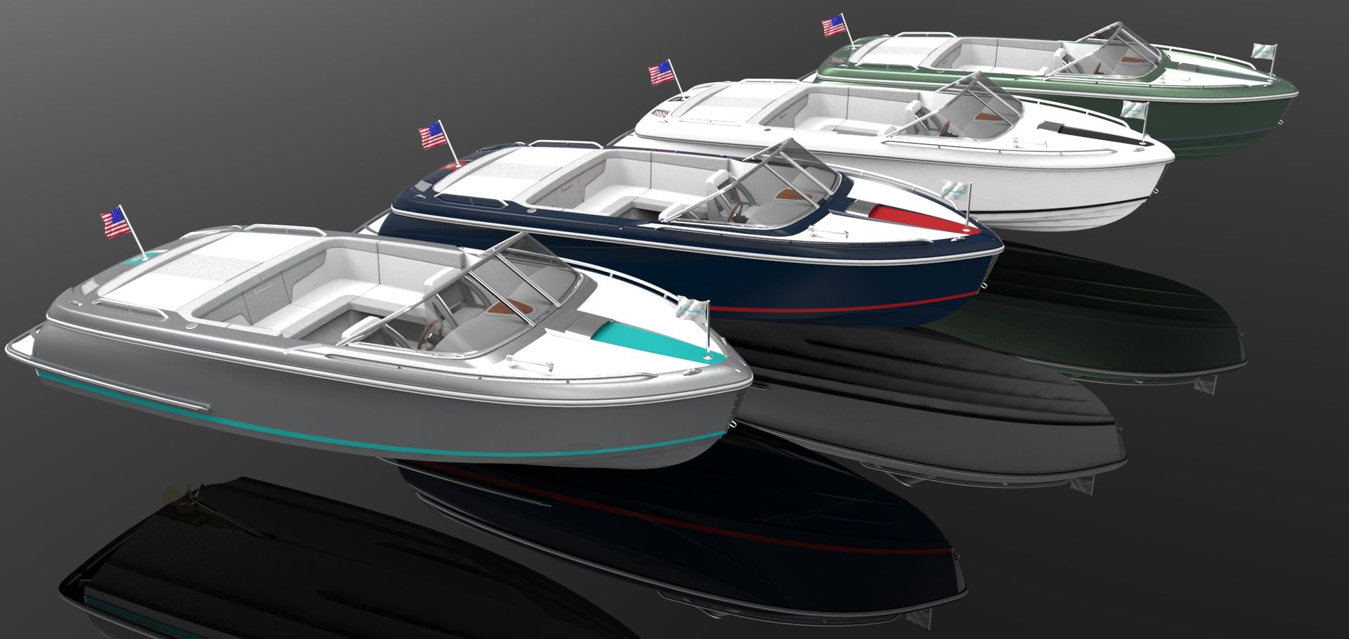 Several boats in a row, in various colors, with American flags.