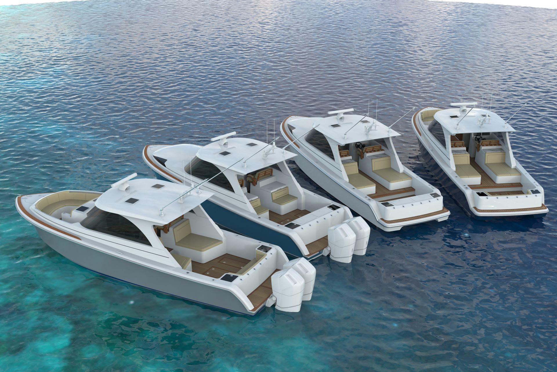 Four white motorboats floating on turquoise water.
