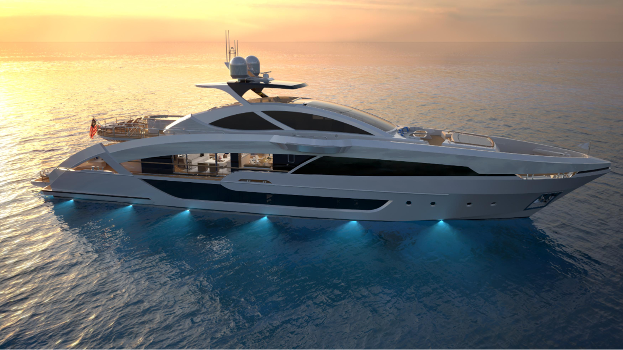 Luxury white yacht on calm water, lit from below, with a sunset background.