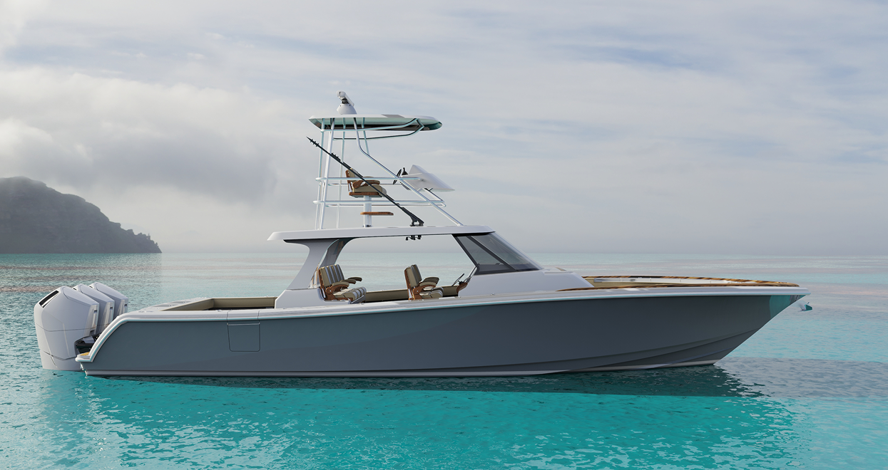 Gray motorboat on turquoise water, near an island under a cloudy sky.