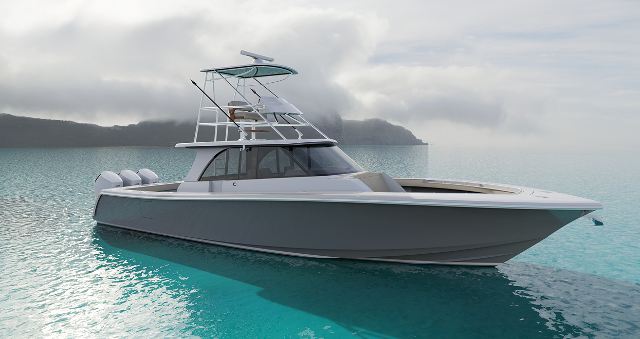 Gray and white sport fishing boat on turquoise water; cloudy sky, island in background.