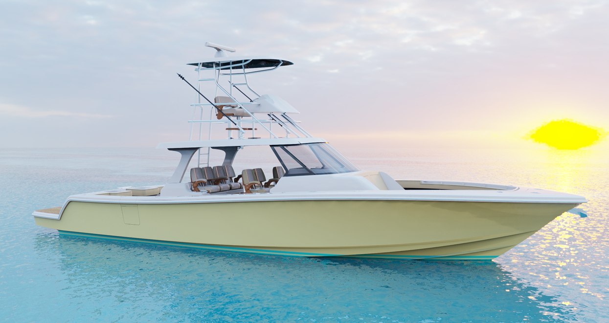 Yellow and white fishing boat on calm water with a bright sunrise.