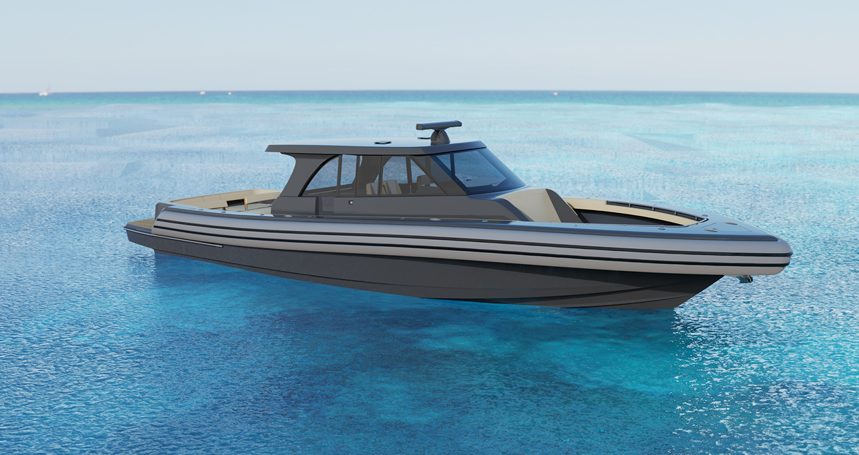 Dark gray motorboat floating in clear blue ocean.