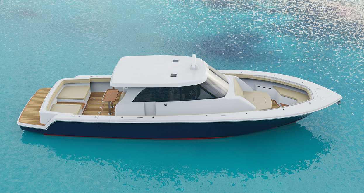 Blue and white motorboat on turquoise water with wooden deck.