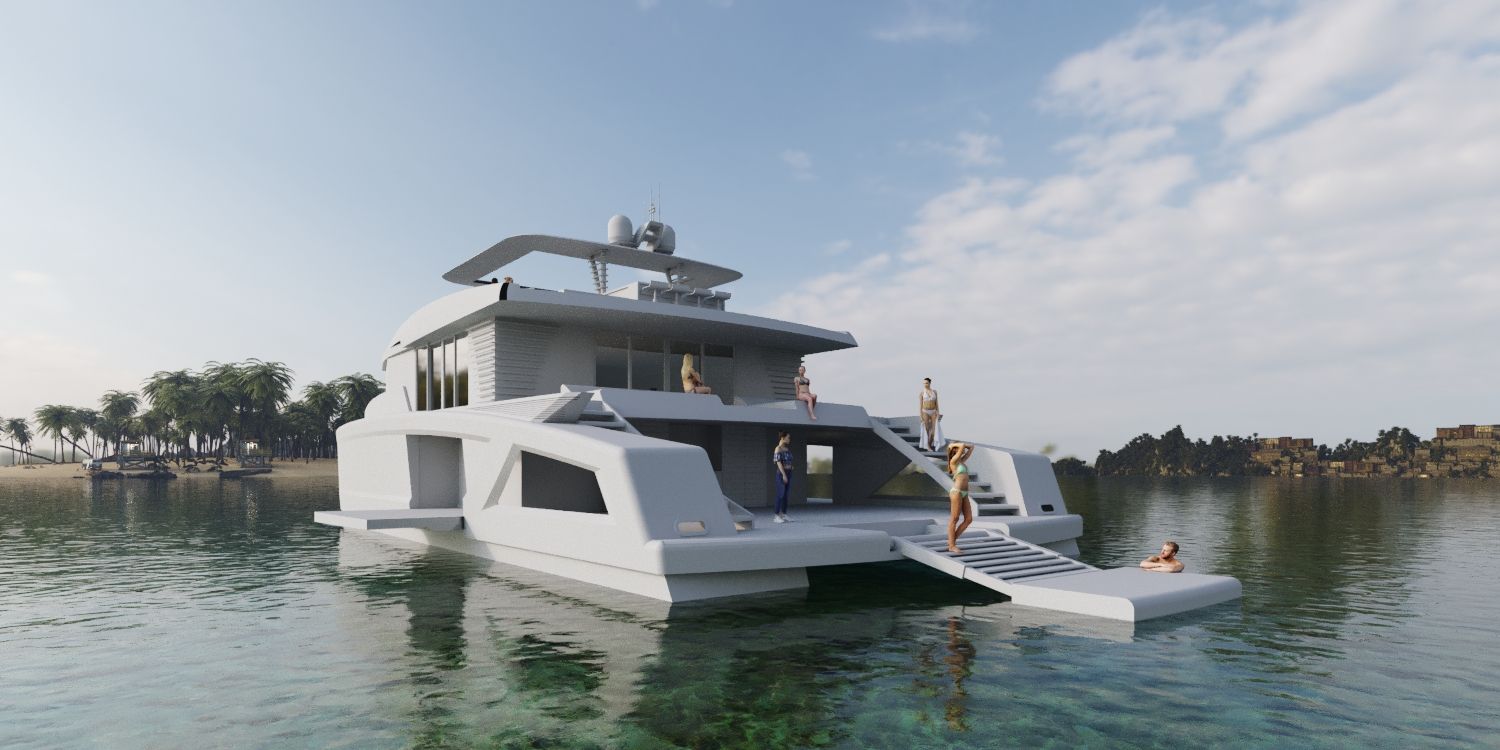 A large white yacht on calm water with people relaxing, sunny day.