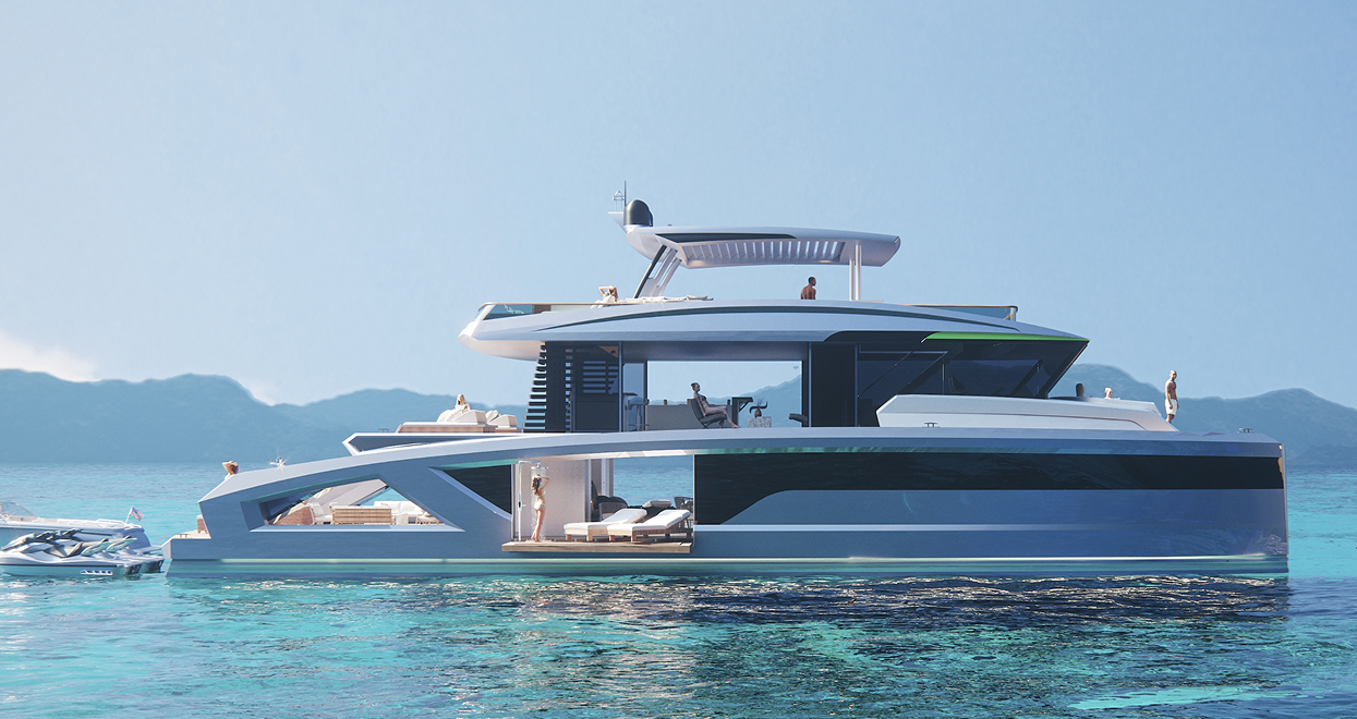 Luxurious blue catamaran yacht on calm water, featuring multiple decks, a tender, and island backdrop.