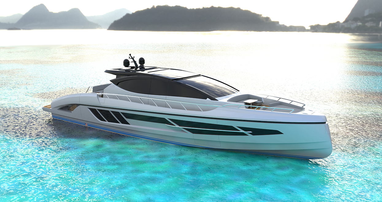 Luxury yacht on blue water with green accents, mountains in the background.