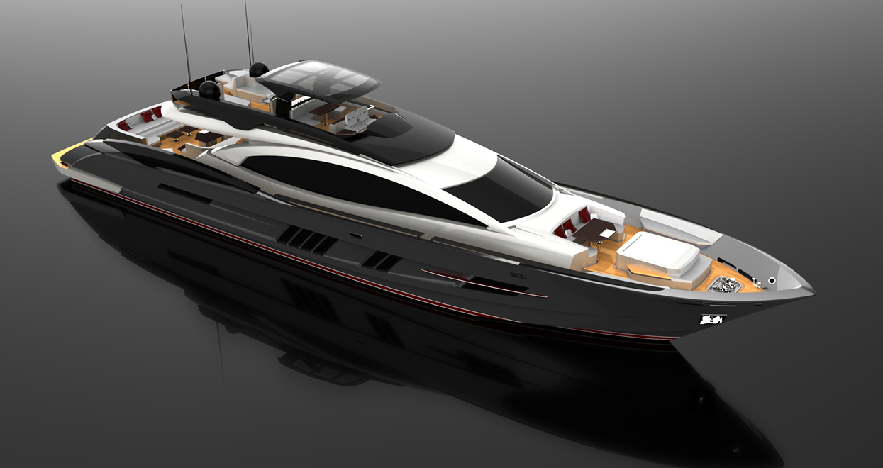 Sleek gray and silver yacht on dark reflective surface, with a black top and wooden deck.