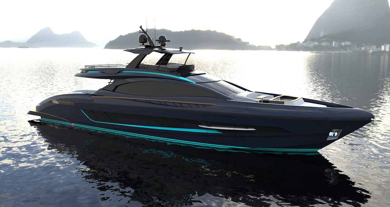 Dark blue yacht with teal accent lights on calm water, mountains in background.