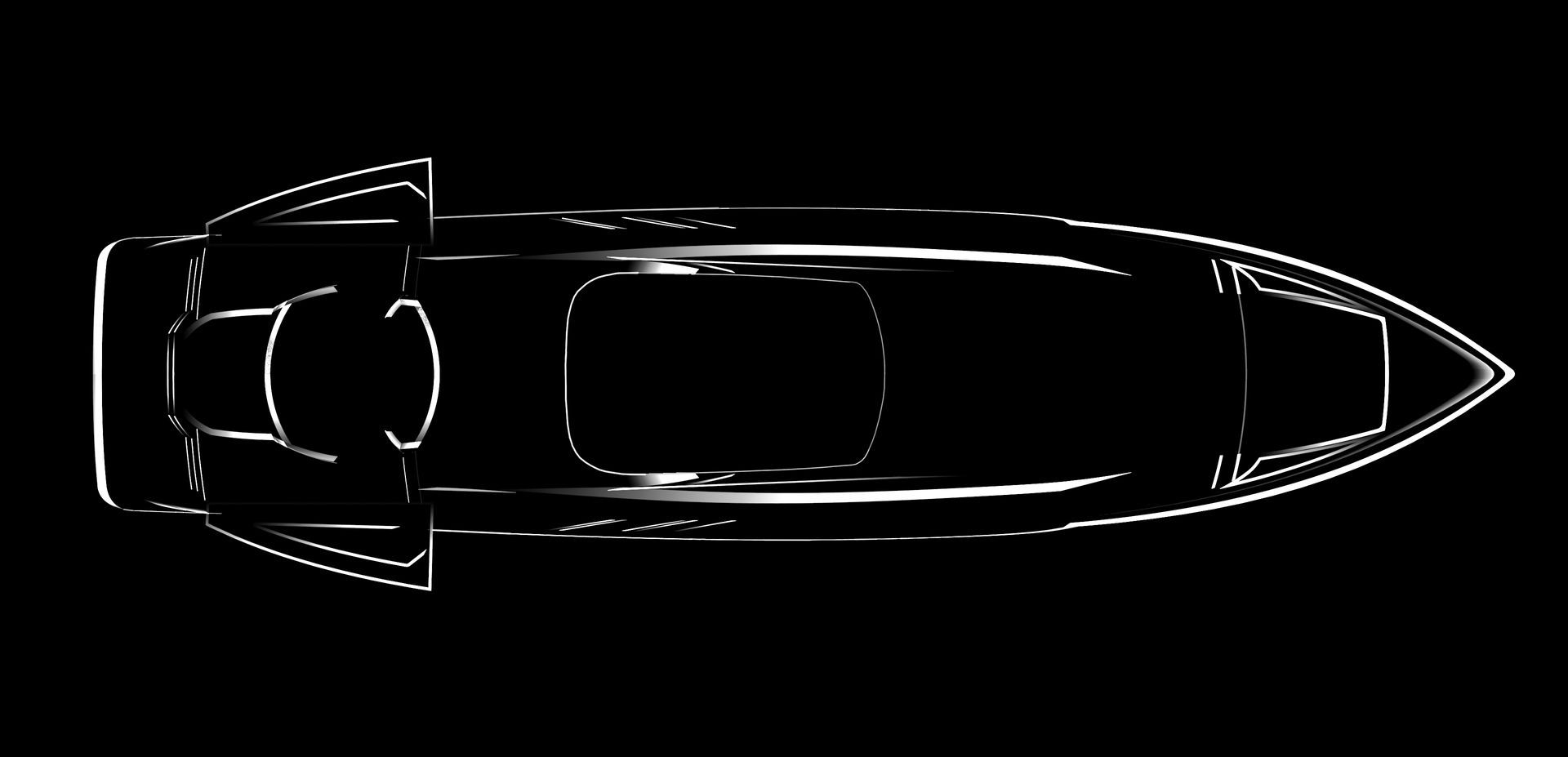 Overhead view of a boat. White outlines on a black background.