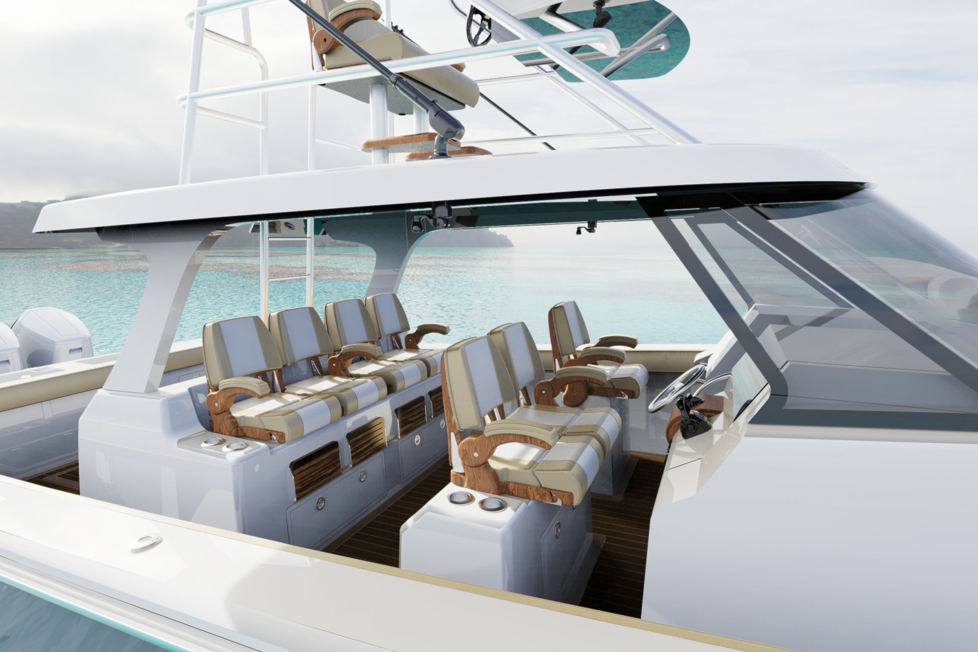White yacht cockpit with beige seats, steering wheel, and view of the ocean.