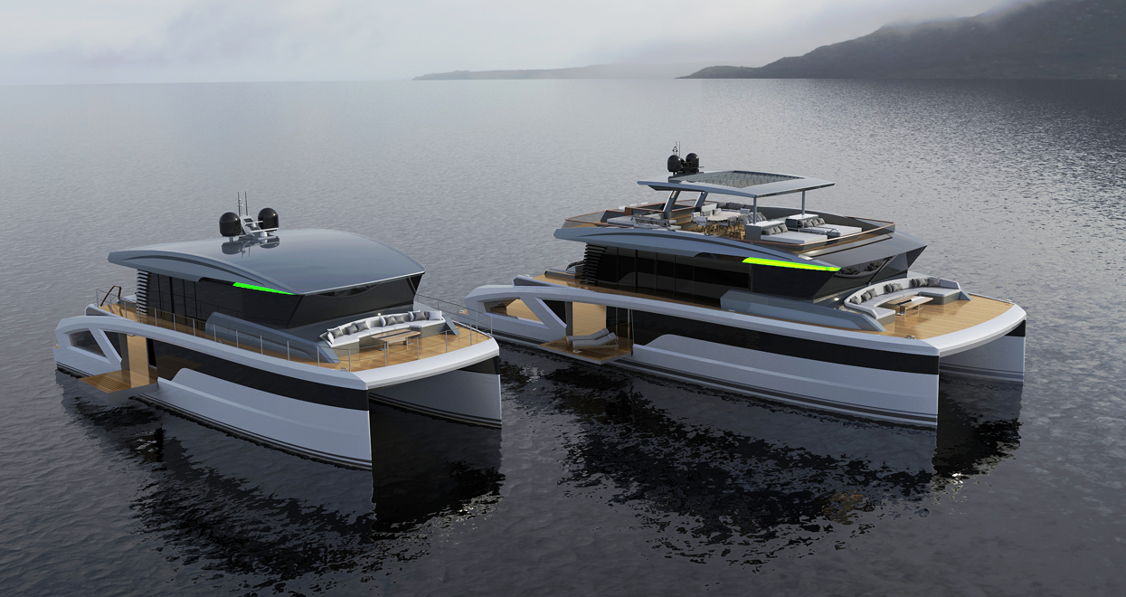 Two modern catamaran yachts on calm water, gray hulls, wooden decks, and partially open upper decks.