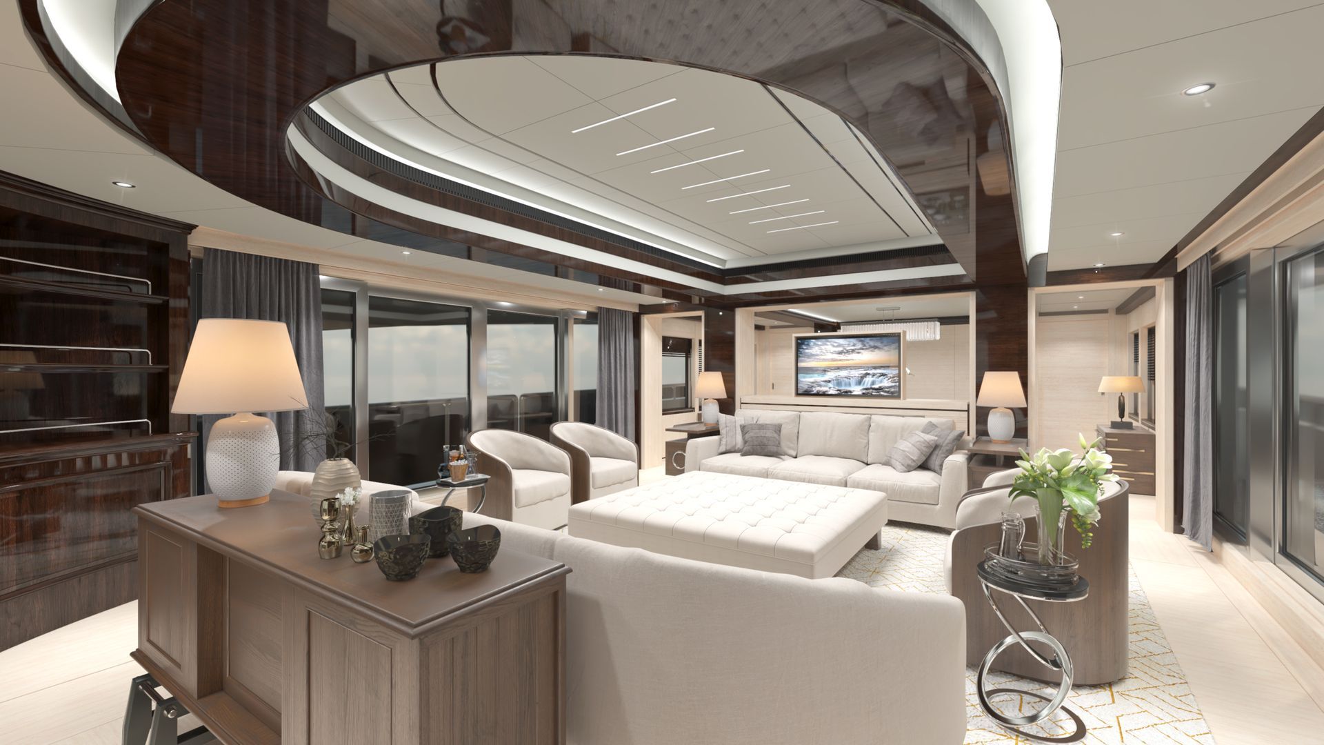Luxurious yacht interior: Living room with cream sofas, wood accents, and large windows.