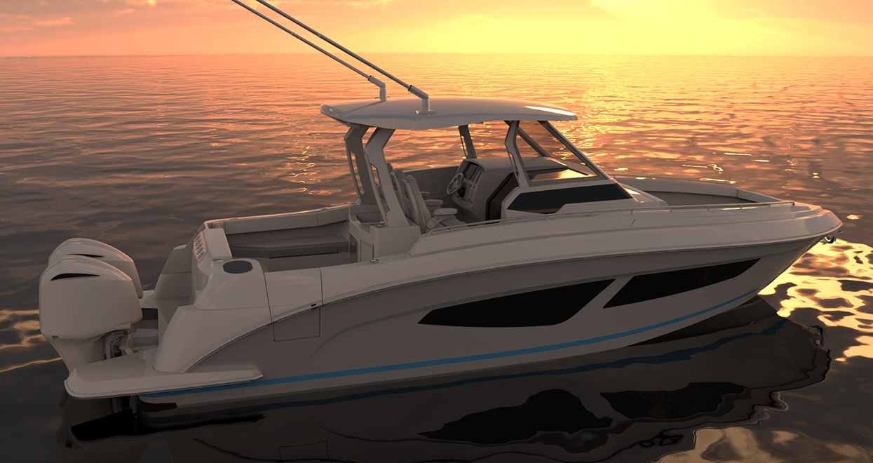 White motorboat on calm water at sunset.