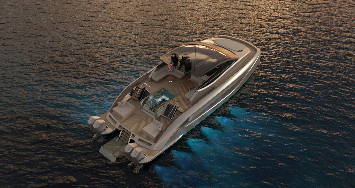 Luxury yacht at sea with blue underwater lights.