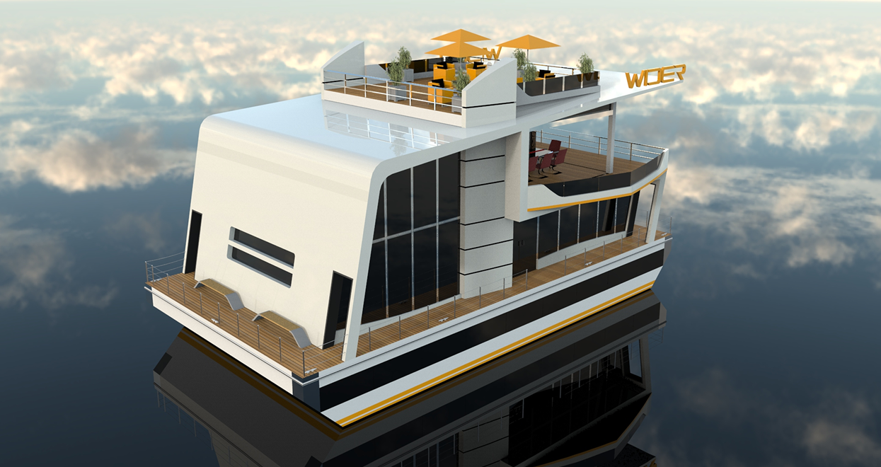 Modern houseboat with rooftop seating, glass walls, and a black and yellow stripe, floating on water.