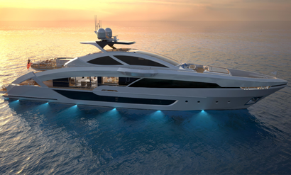 Luxury yacht on the ocean at sunset, lit with blue under lights.
