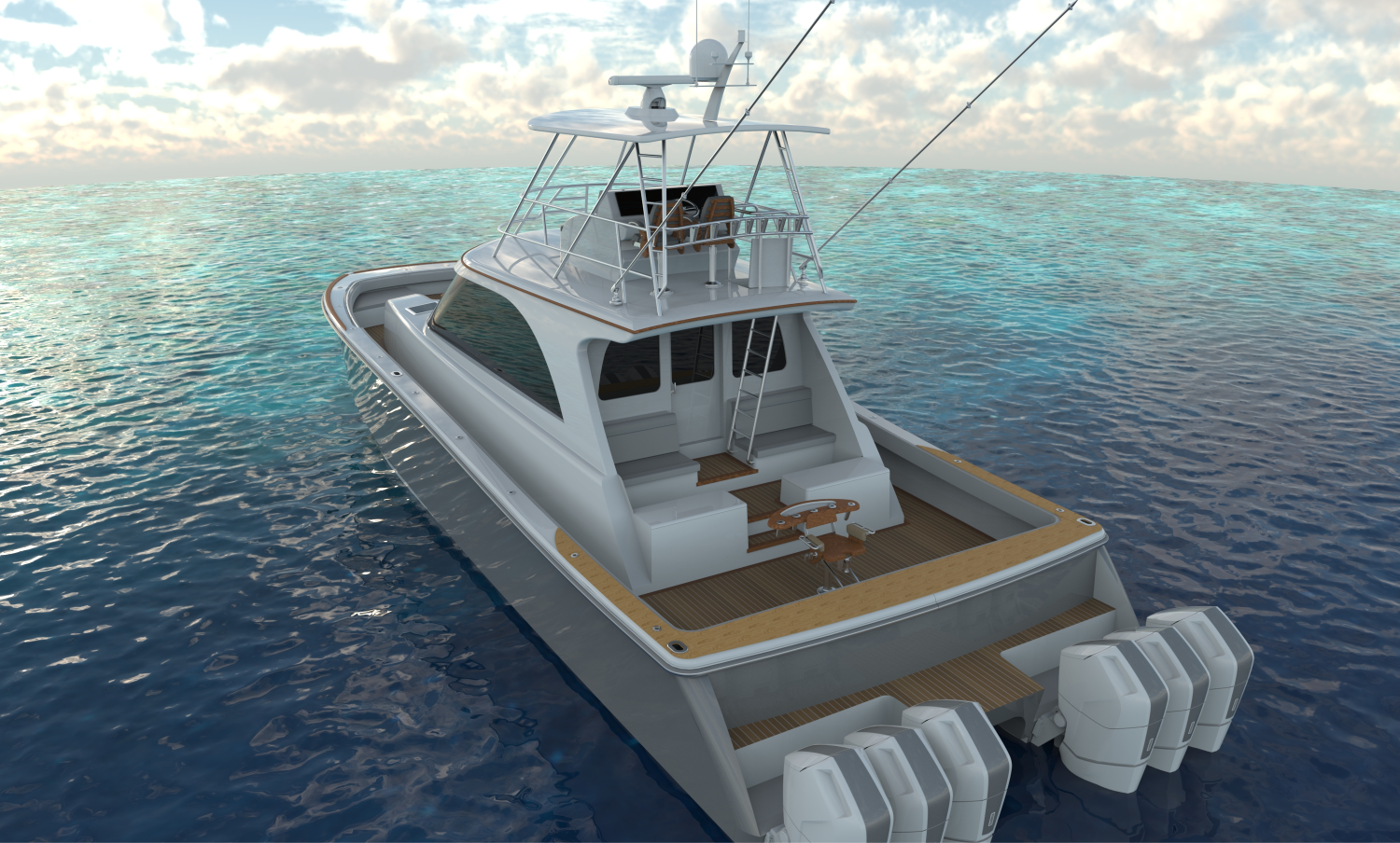 White yacht on the ocean with fishing rods and clear blue water.