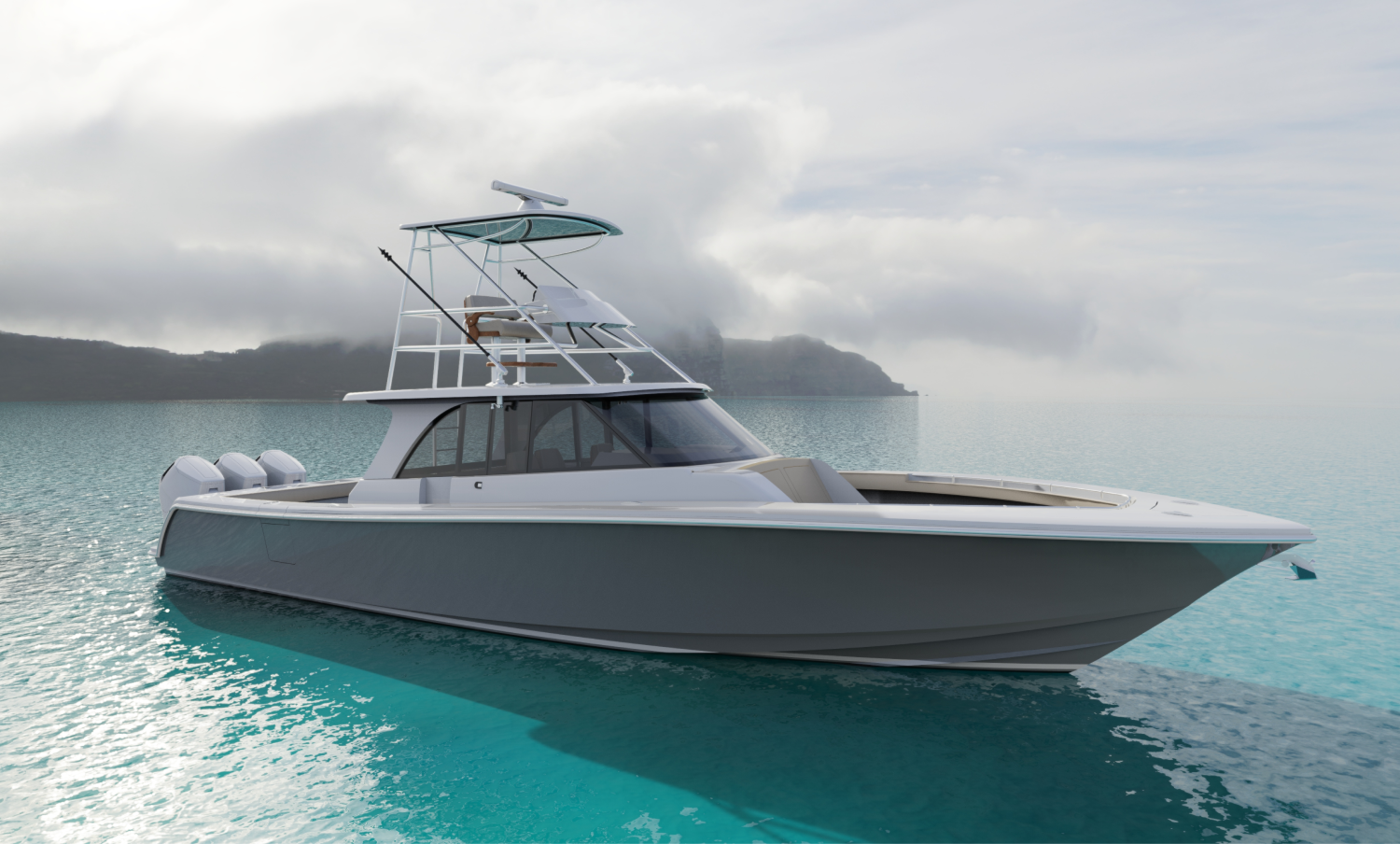 A sleek, gray and white motor yacht on turquoise water under a cloudy sky.