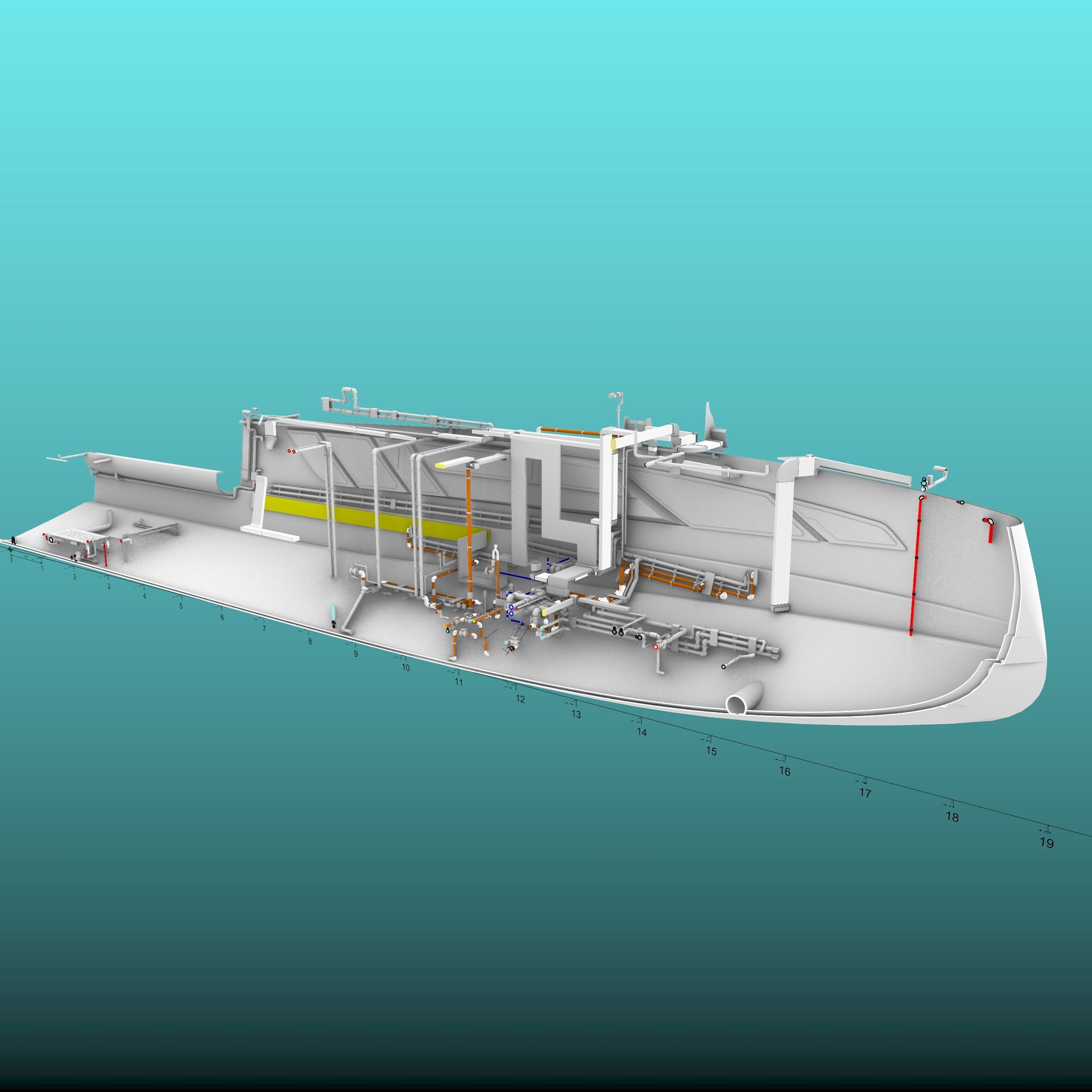 3D model of a white ship with internal machinery. Blue background.