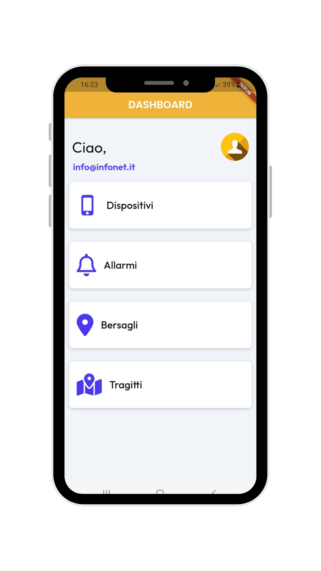Un telefono cellulare con un'app dashboard aperta.