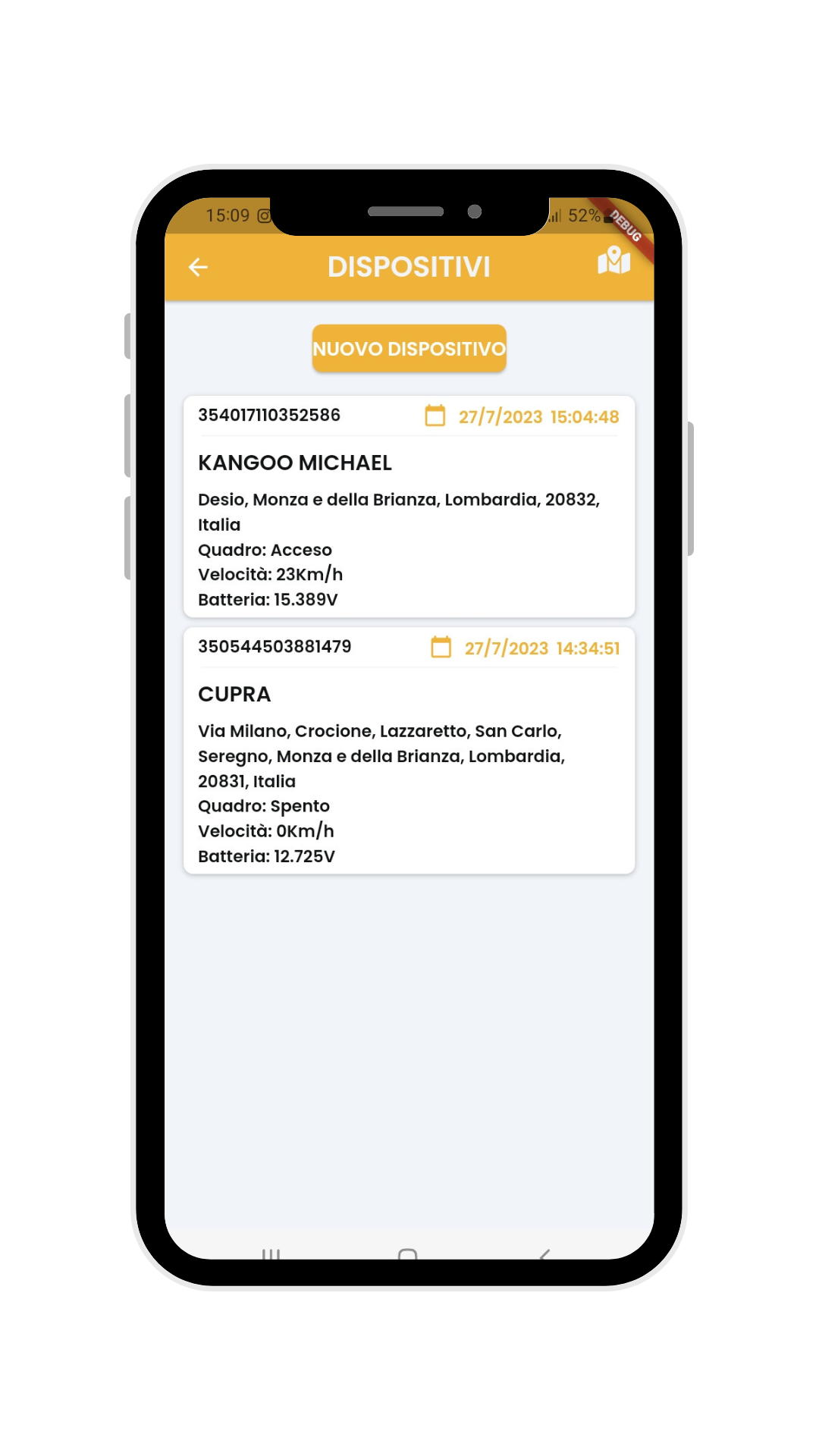 Un telefono cellulare con uno screenshot dell'app.