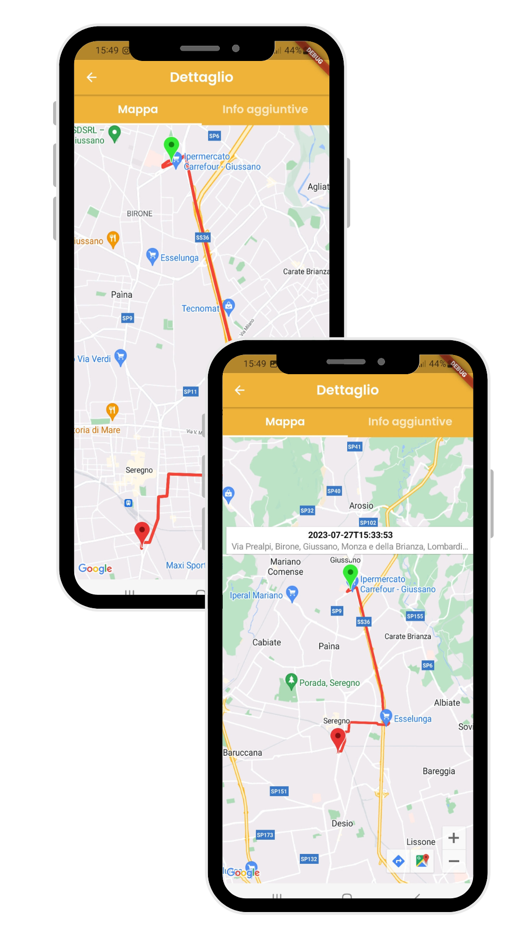 Due telefoni con mappe su uno sfondo bianco.