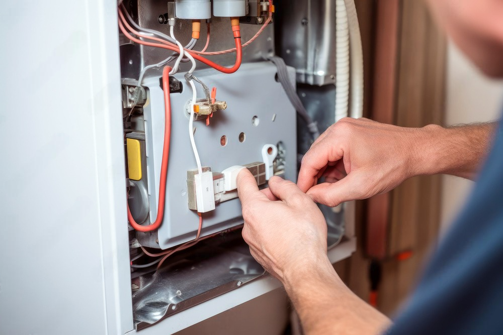 Focused repairman's hand skillfully fixing a broken electric boiler or furnace.