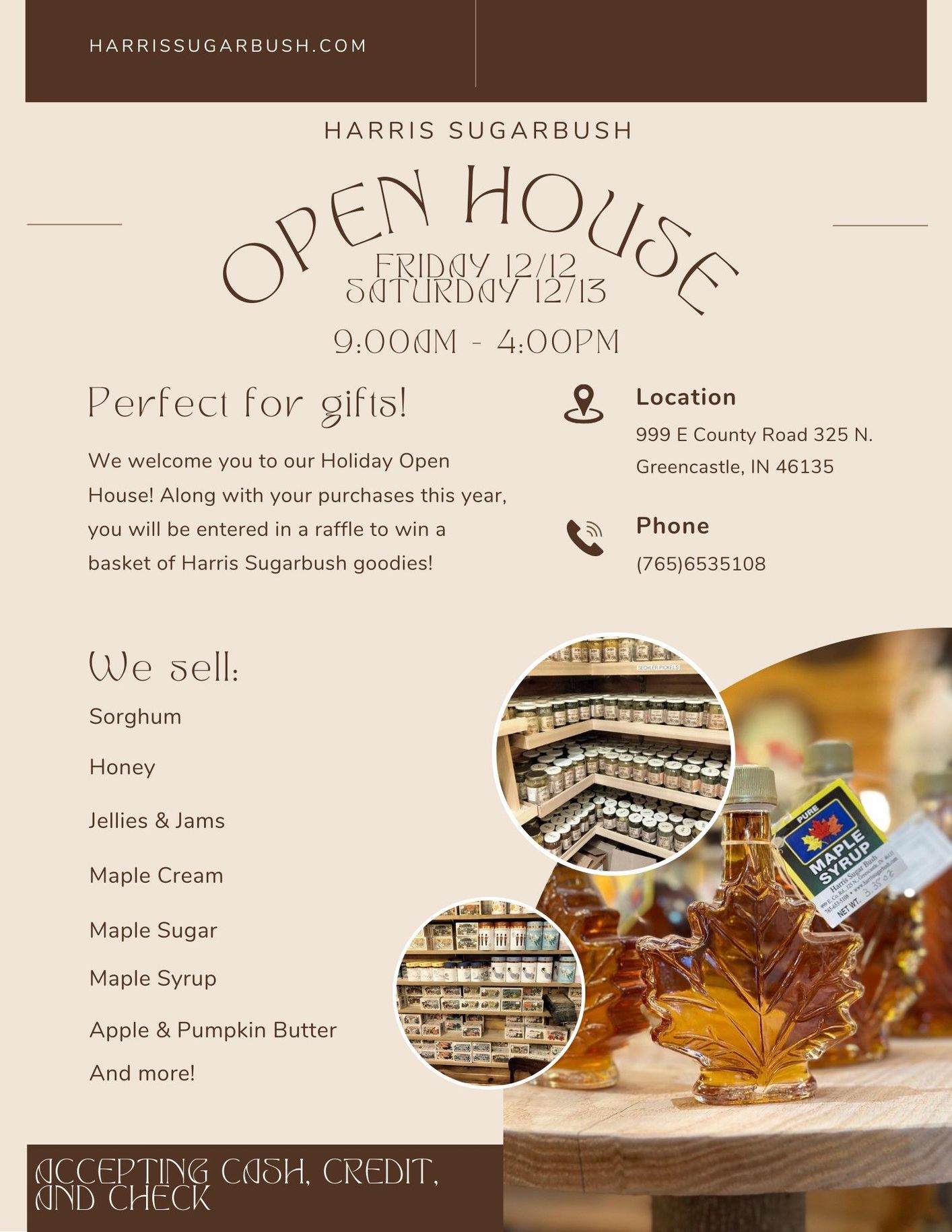 Open house flyer for a Maple Syrup shop. Brown design with product photos. Text lists items for sale.