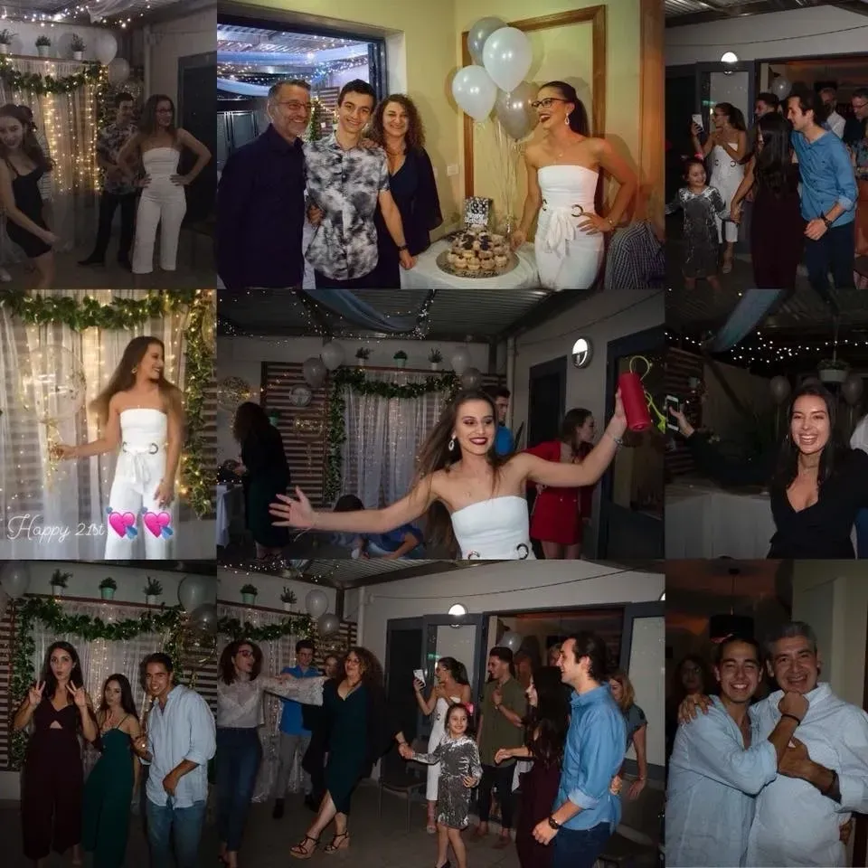 A collage of photos of people at a party