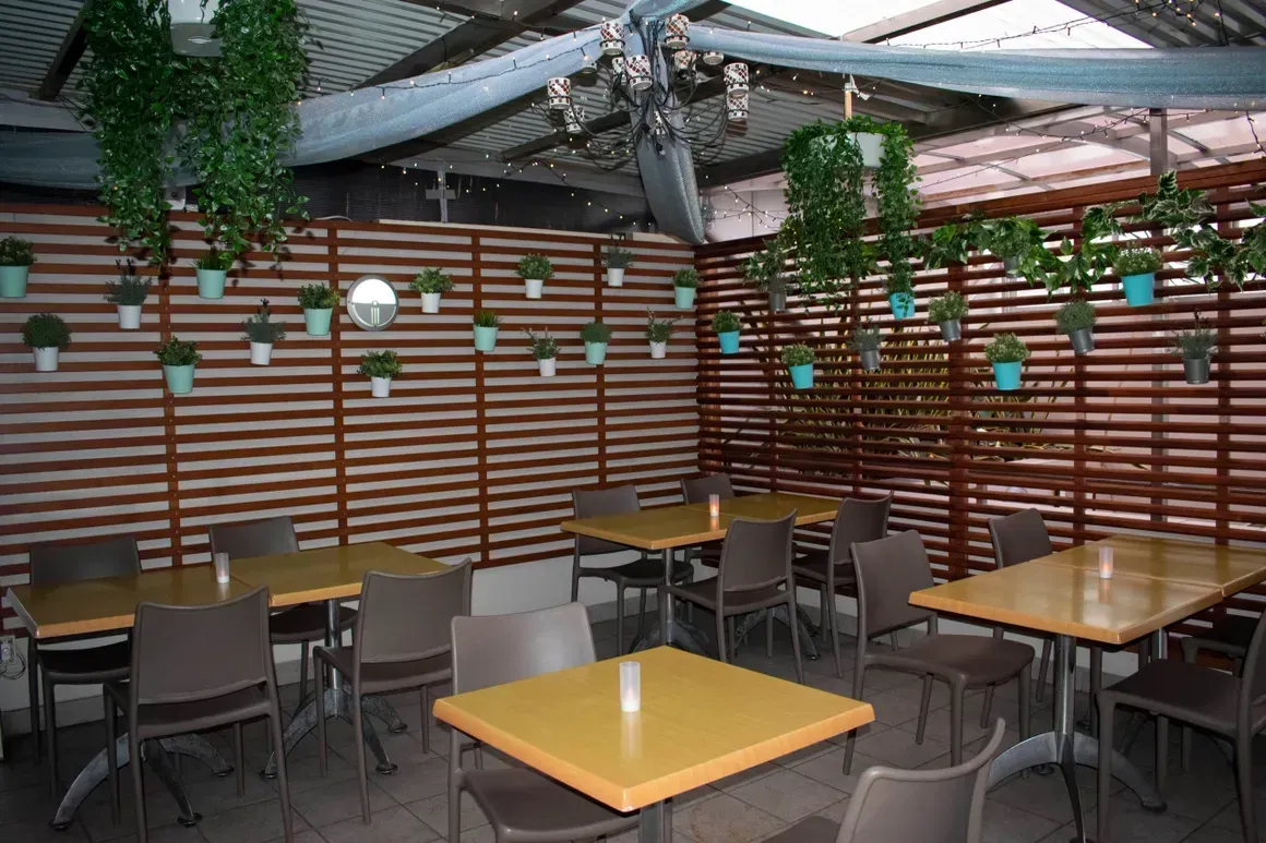 A restaurant with tables and chairs and potted plants hanging from the ceiling.