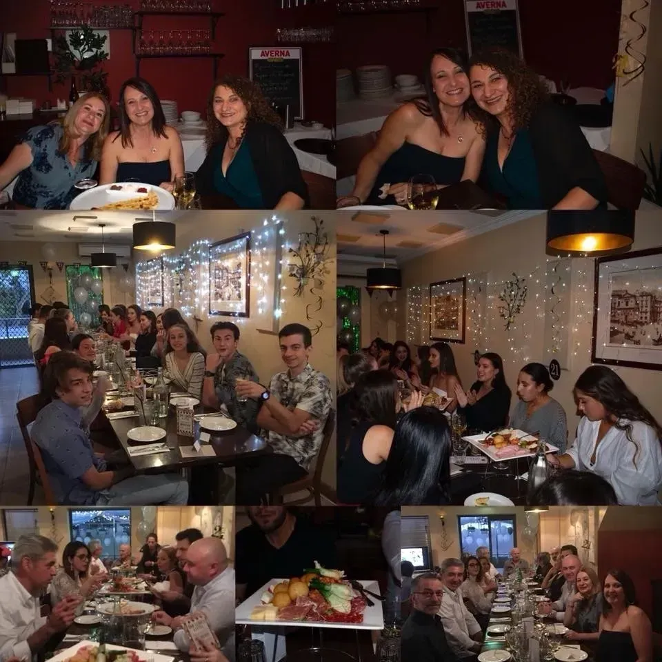 A collage of people sitting at tables in a restaurant
