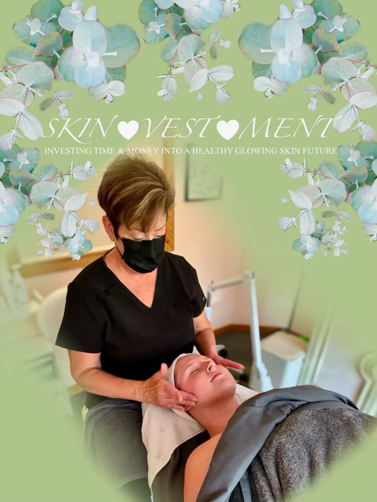 A woman wearing a mask is giving a man a facial treatment.