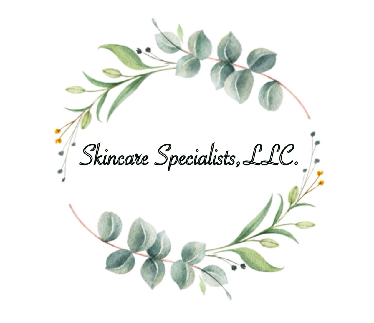 A bunch of eucalyptus leaves on a white background with the words `` skincare specialists , llc ''.