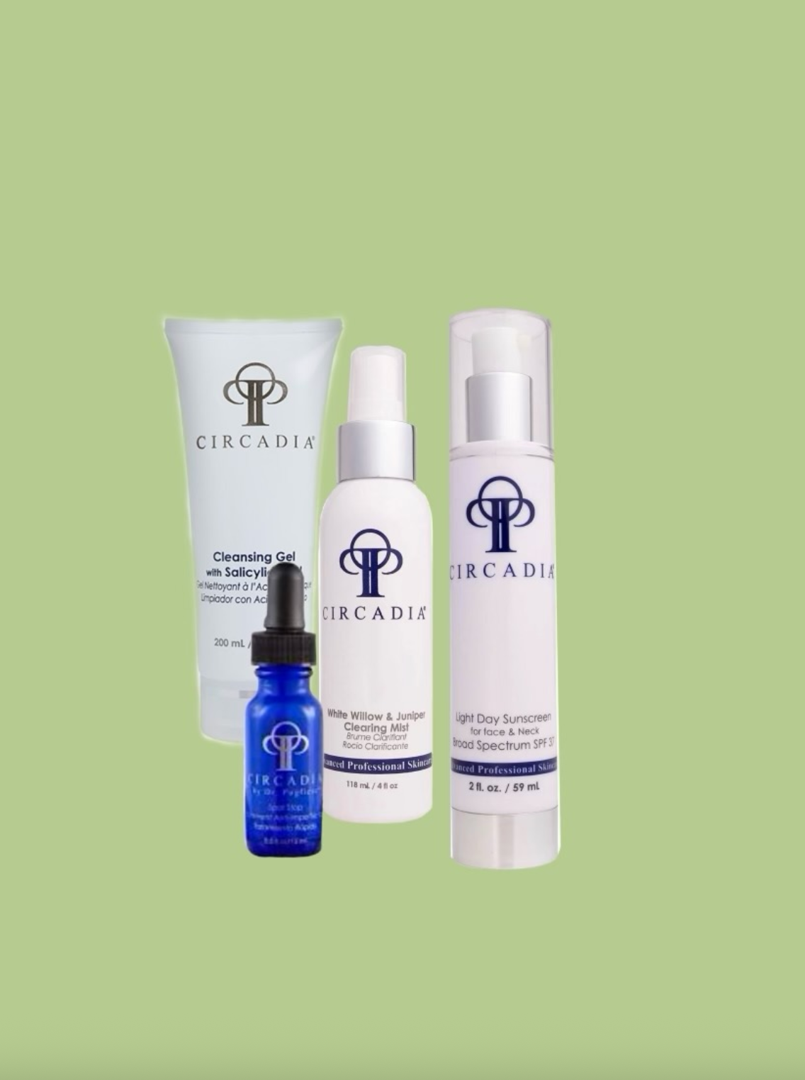 A group of bottles of cosmetics are sitting next to each other on a green background.