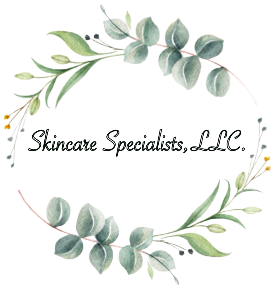 Logo for Skincare Specialists, LLC. Text in script font, surrounded by a watercolor wreath of green leaves.