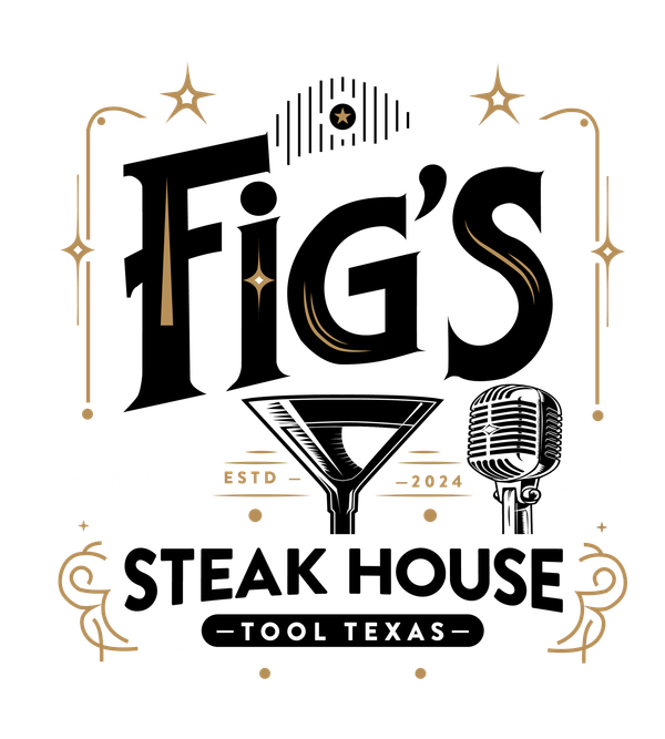Fig's Steak House logo: black, gold, and white. Features name, martini glass, microphone, stars, and 
