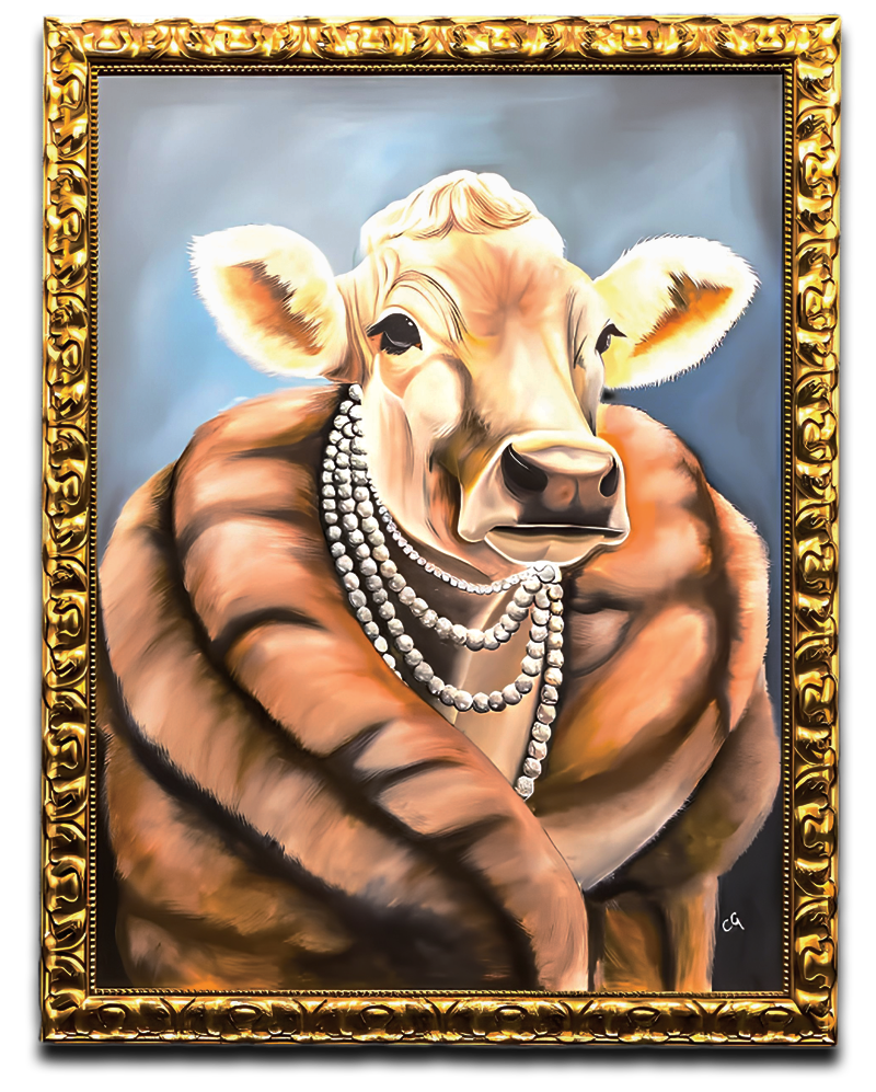 Cow wearing pearls in a gold frame against a blue background.