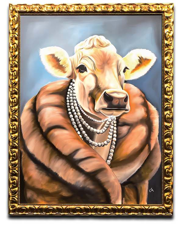 Cow wearing pearls in a gold frame against a blue background.