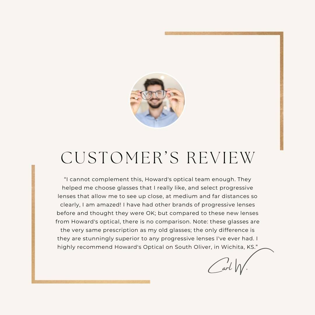 A customer 's review with a picture of a man wearing glasses.