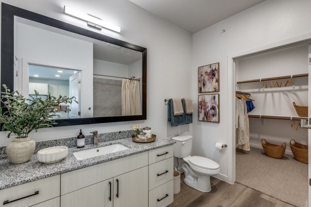 A bathroom with a sink , toilet , mirror and walk in closet.