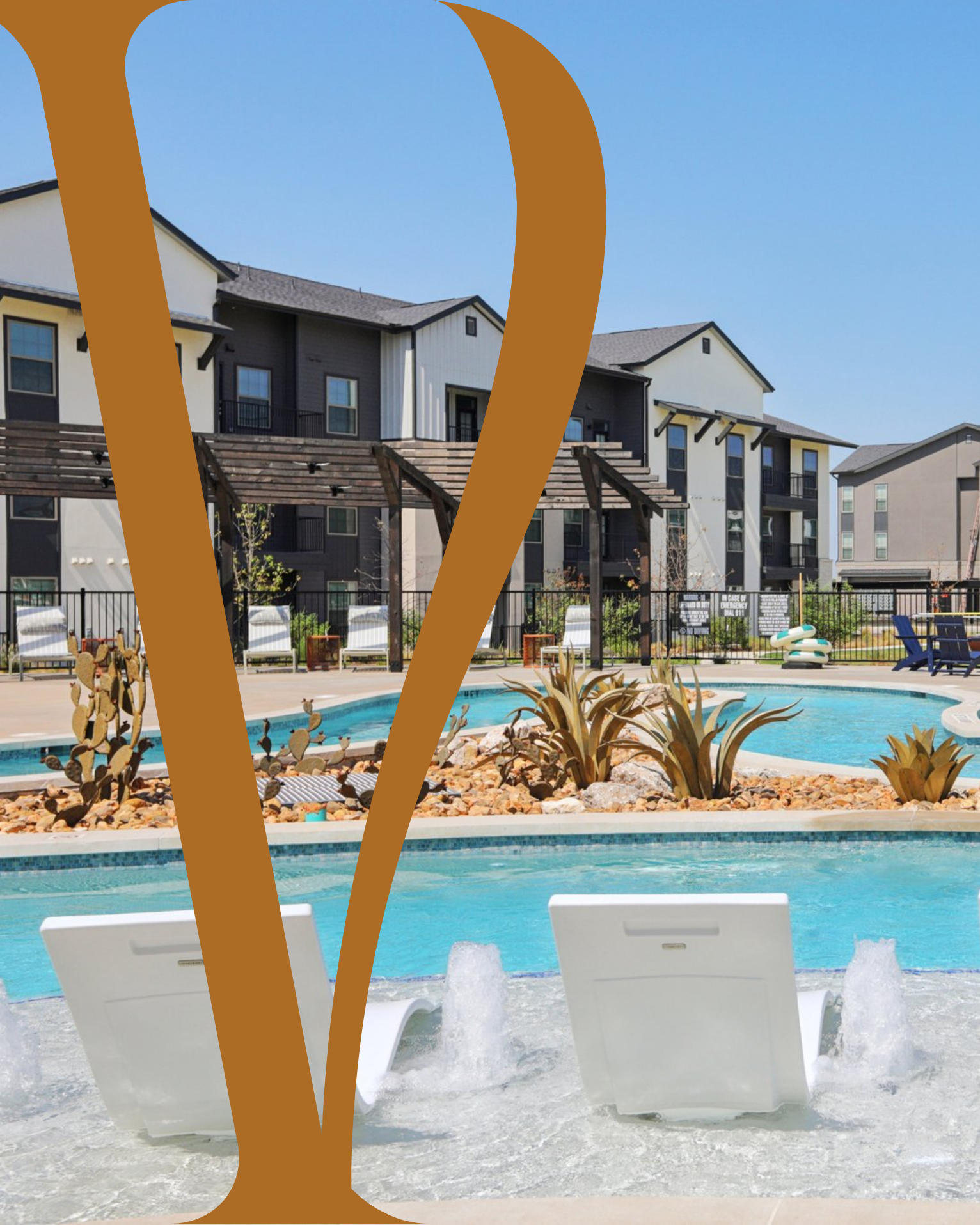 A rendering of a swimming pool with tables and chairs in front of a building.