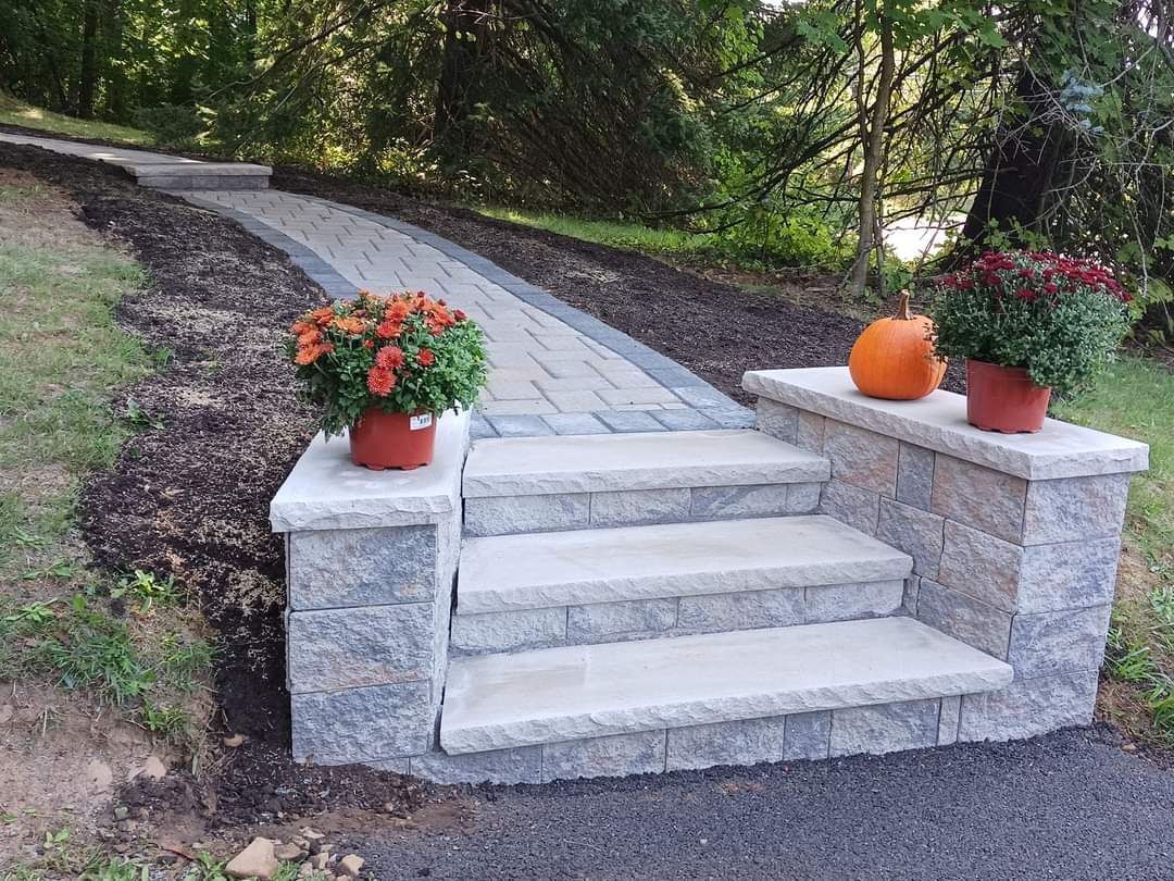 A stone walkway with steps and potted plants on the side.