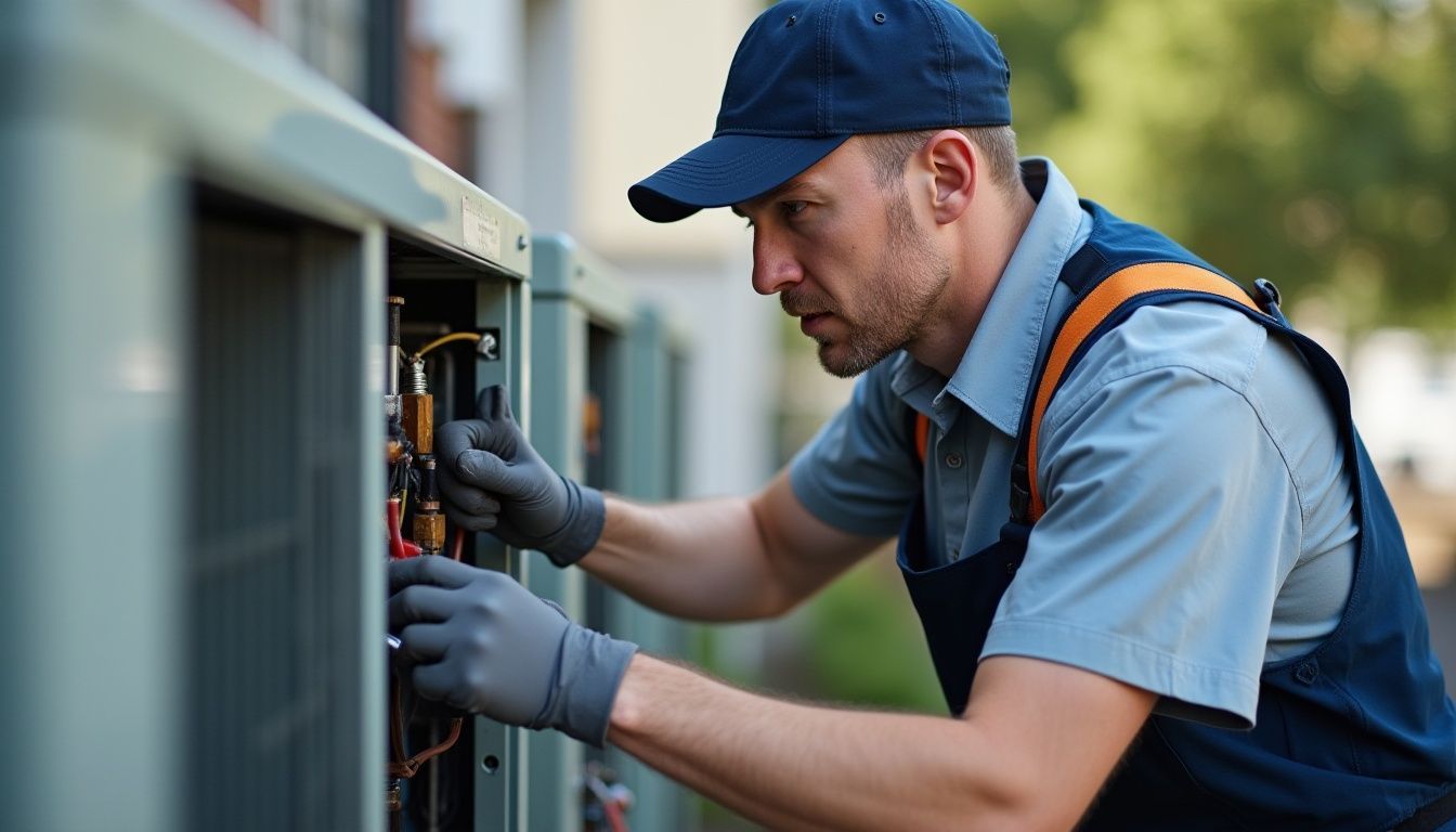 HVAC technician in cap, gloves, and coveralls, working on an AC unit outdoors.