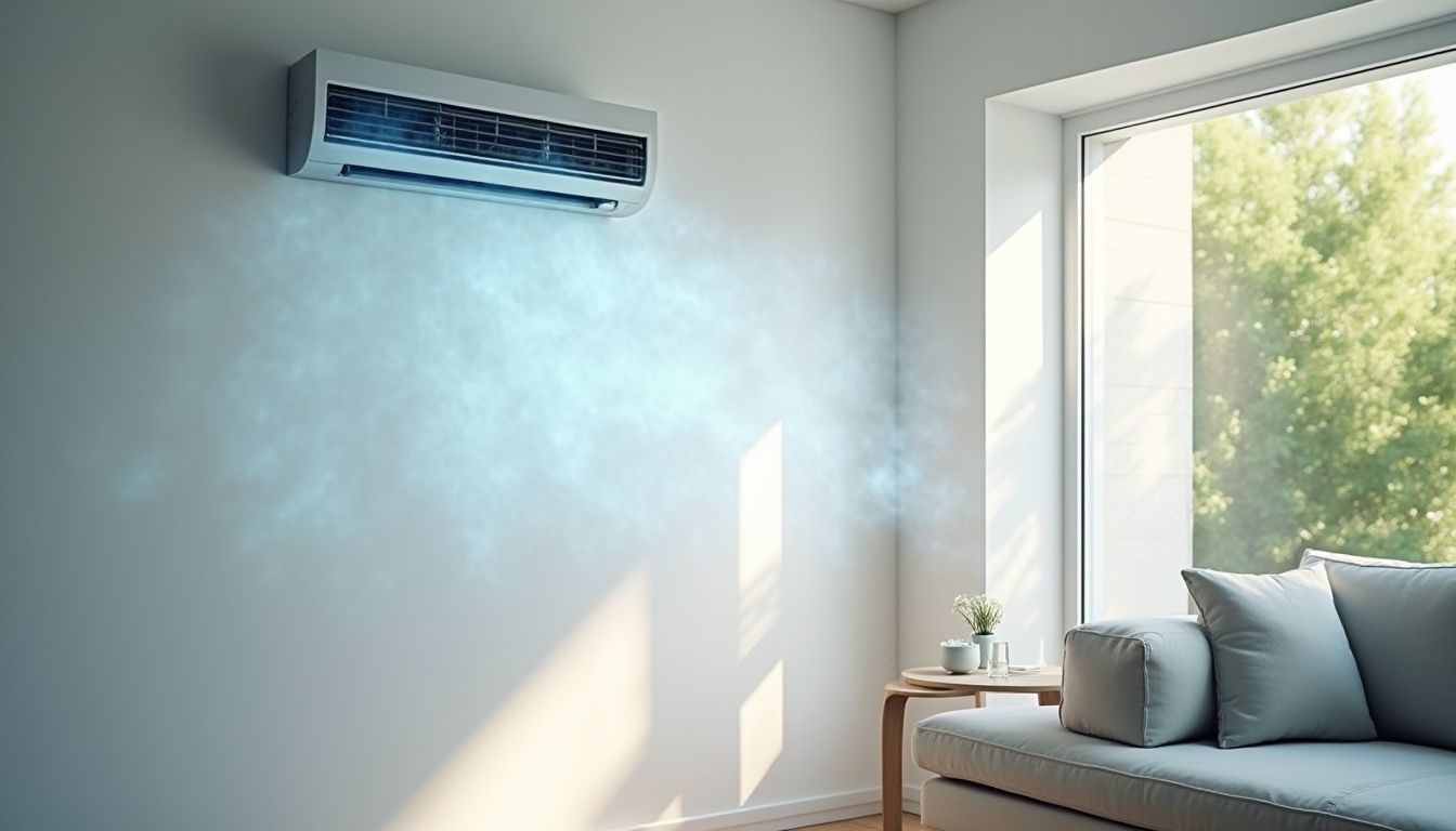 Air conditioner blowing cool air into a sunny room with a couch and window.
