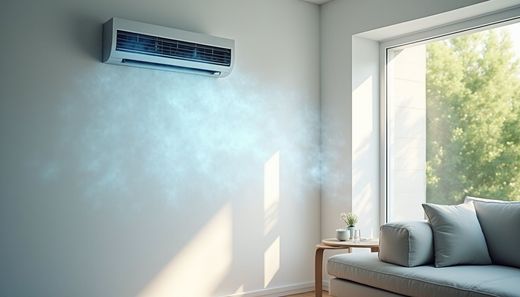 Air conditioner blowing cool air into a sunny room with a couch and window.